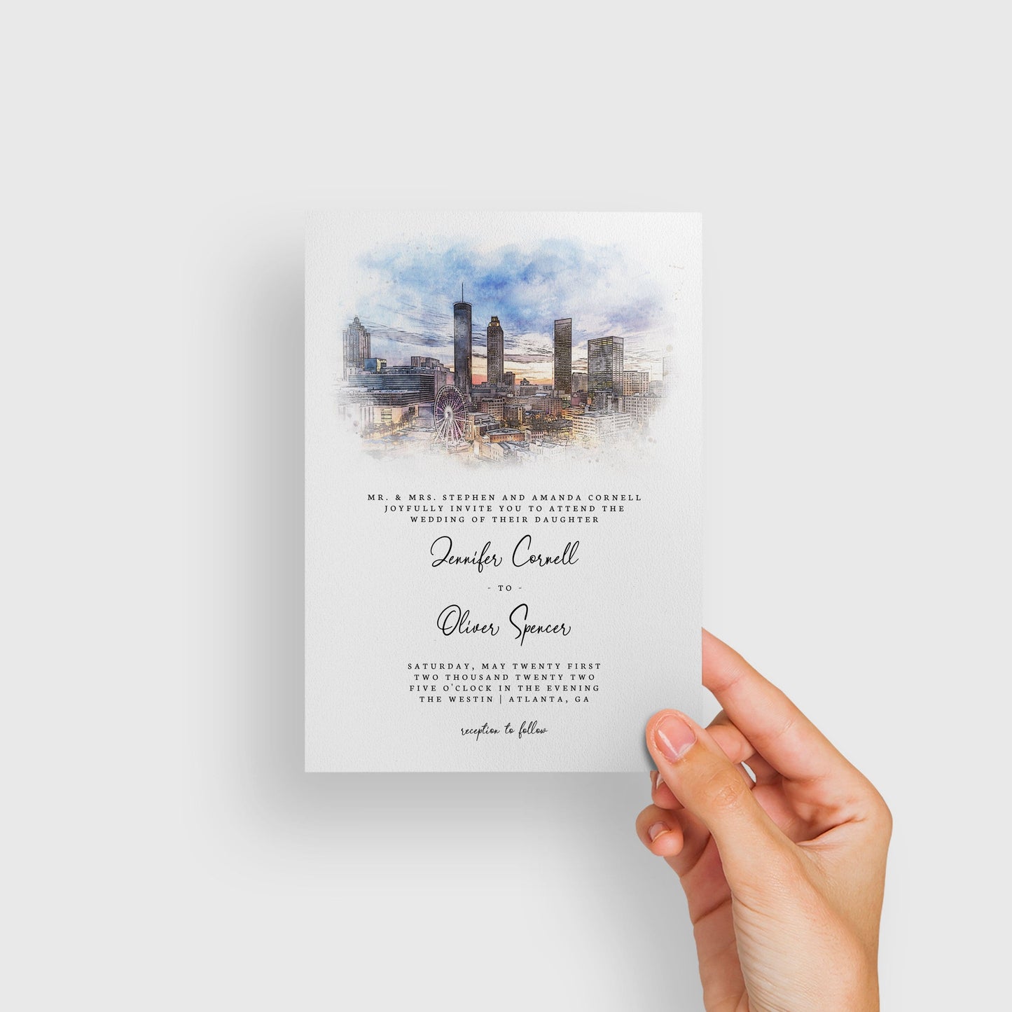 Loblolly Creative 825 - Arts & Entertainment > Party & Celebration > Party Supplies > Invitations Atlanta Skyline Watercolor Wedding Invitation