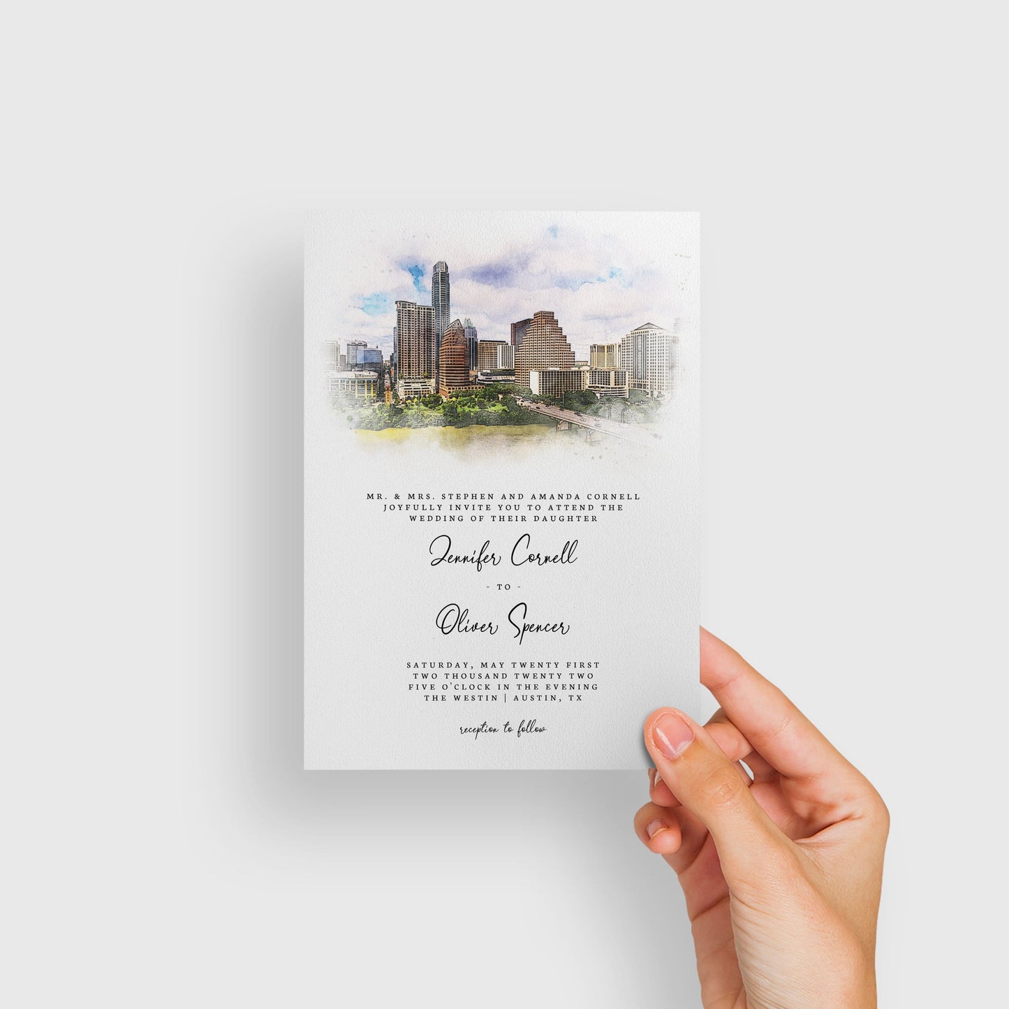 Loblolly Creative 825 - Arts & Entertainment > Party & Celebration > Party Supplies > Invitations Austin Skyline Watercolor Wedding Invitation