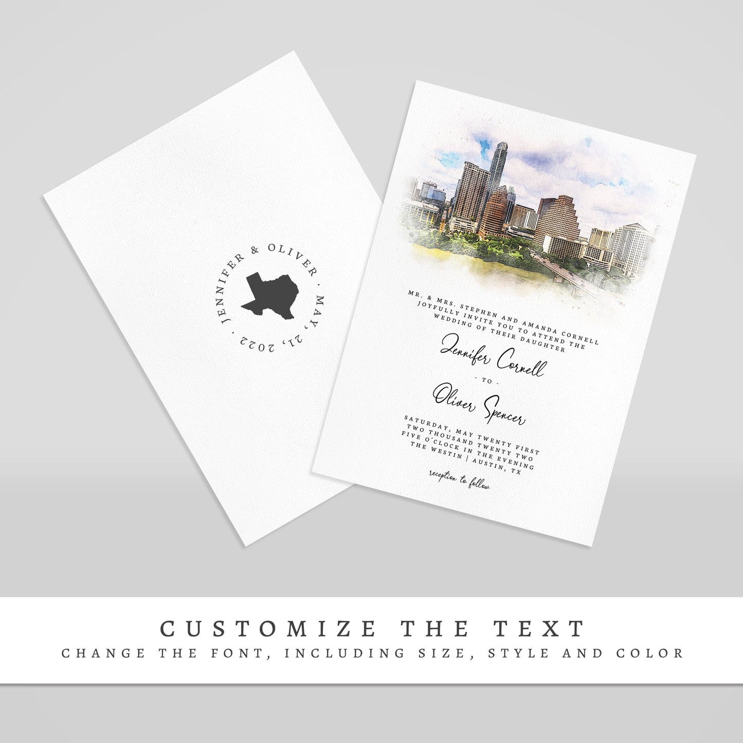 Loblolly Creative 825 - Arts & Entertainment > Party & Celebration > Party Supplies > Invitations Austin Skyline Watercolor Wedding Invitation