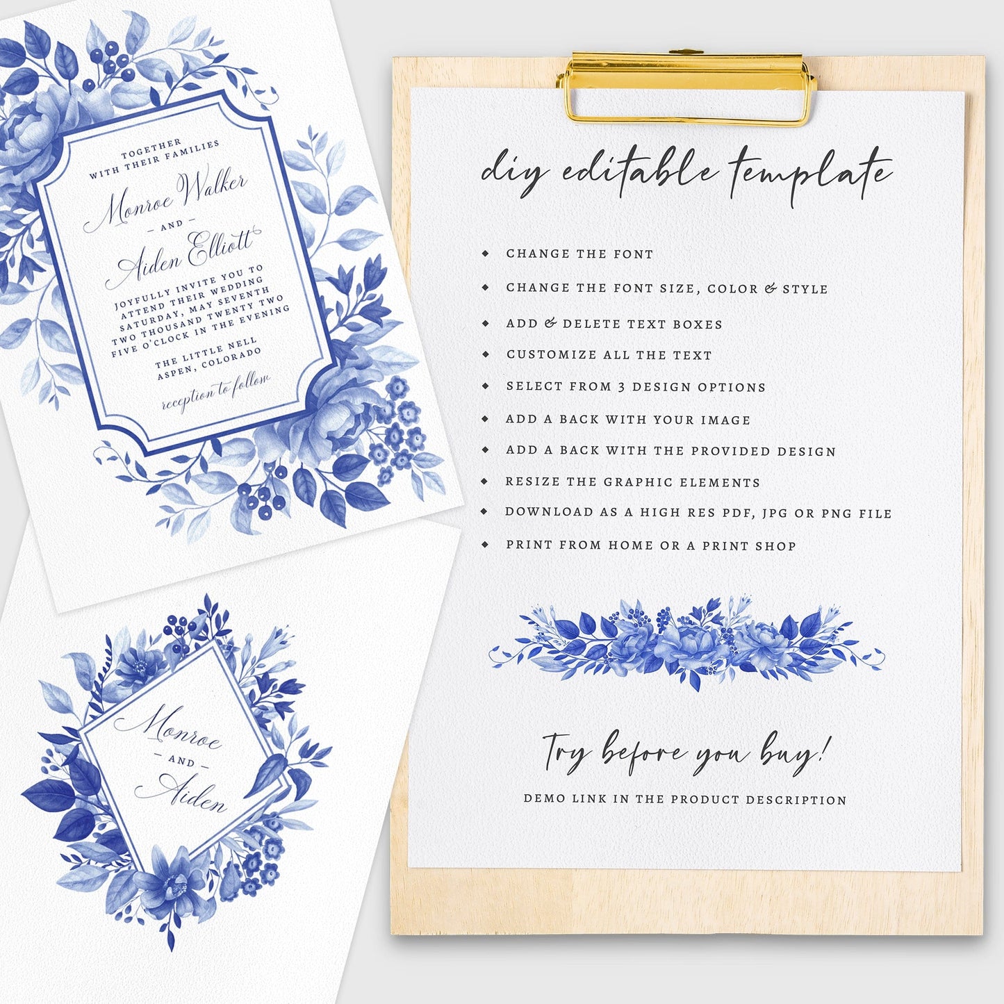 Loblolly Creative 825 - Arts & Entertainment > Party & Celebration > Party Supplies > Invitations Blue Floral Chinoiserie Wedding Invitation Template
