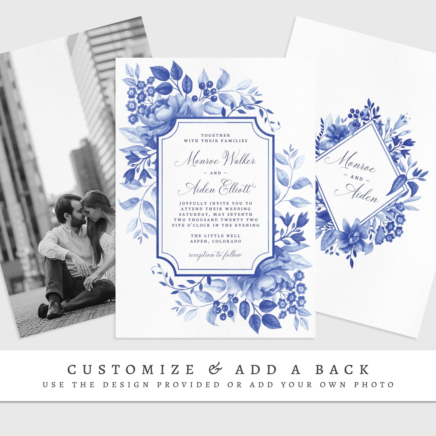 Loblolly Creative 825 - Arts & Entertainment > Party & Celebration > Party Supplies > Invitations Blue Floral Chinoiserie Wedding Invitation Template