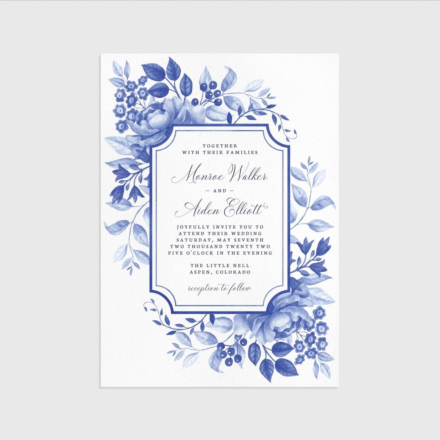 Loblolly Creative 825 - Arts & Entertainment > Party & Celebration > Party Supplies > Invitations Blue Floral Chinoiserie Wedding Invitation Template