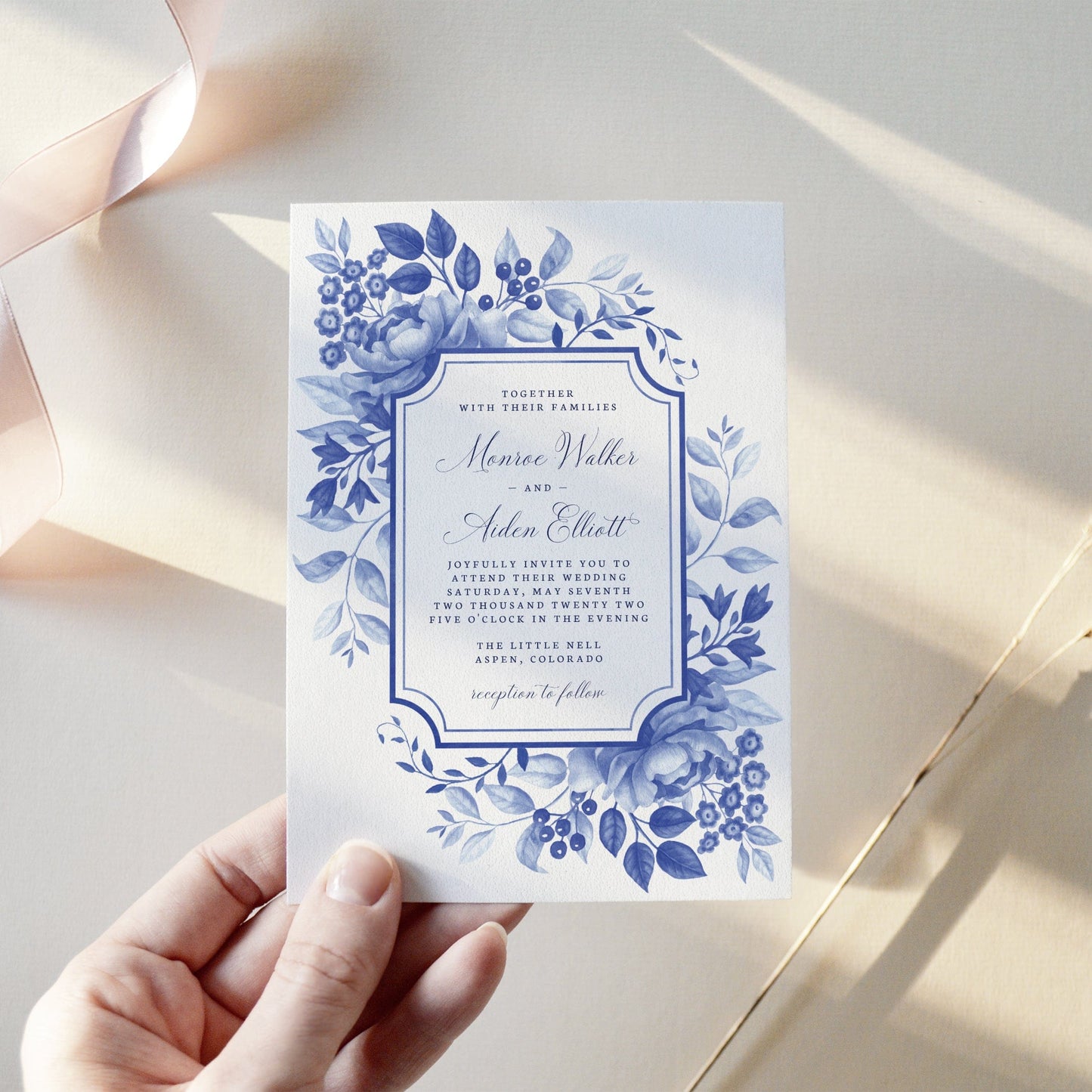 Loblolly Creative 825 - Arts & Entertainment > Party & Celebration > Party Supplies > Invitations Blue Floral Chinoiserie Wedding Invitation Template