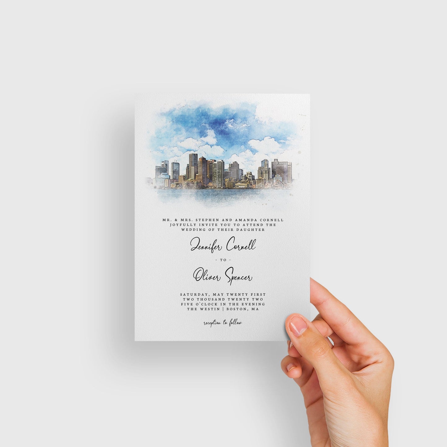Loblolly Creative 825 - Arts & Entertainment > Party & Celebration > Party Supplies > Invitations Boston Skyline Watercolor Wedding Invitation
