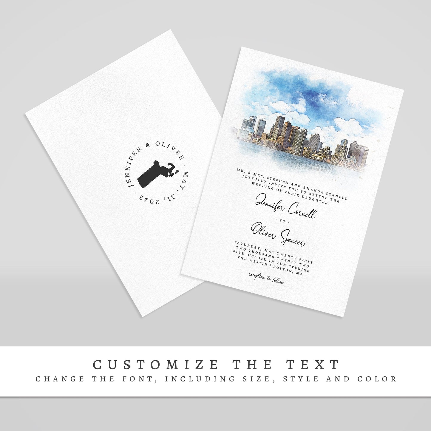Loblolly Creative 825 - Arts & Entertainment > Party & Celebration > Party Supplies > Invitations Boston Skyline Watercolor Wedding Invitation