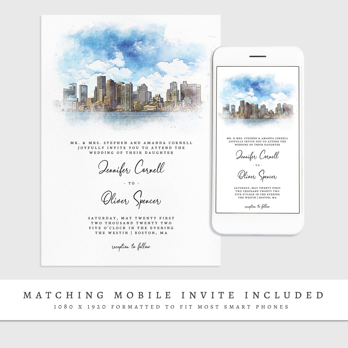 Loblolly Creative 825 - Arts & Entertainment > Party & Celebration > Party Supplies > Invitations Boston Skyline Watercolor Wedding Invitation