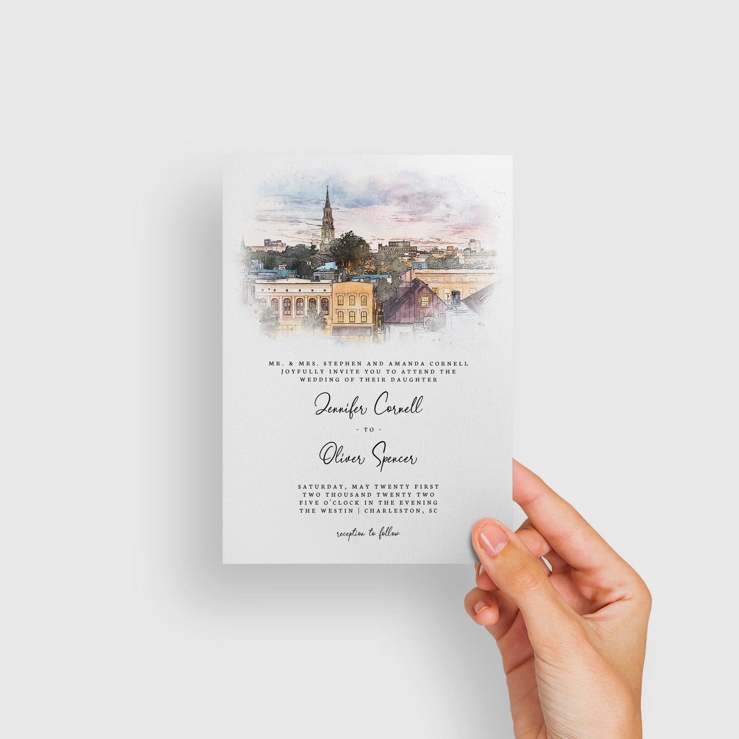 Loblolly Creative 825 - Arts & Entertainment > Party & Celebration > Party Supplies > Invitations Charleston Skyline Watercolor Wedding Invitation