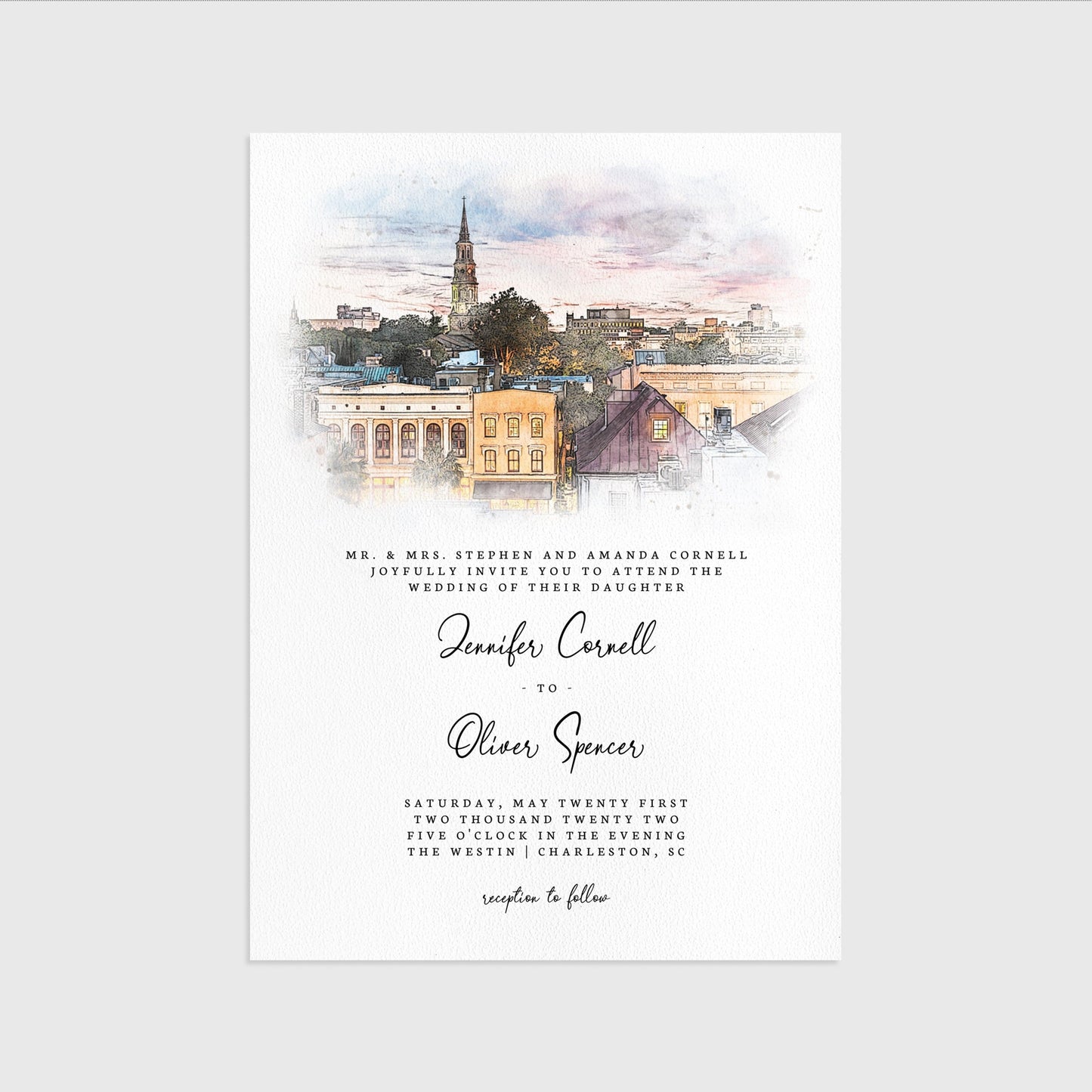 Loblolly Creative 825 - Arts & Entertainment > Party & Celebration > Party Supplies > Invitations Charleston Skyline Watercolor Wedding Invitation