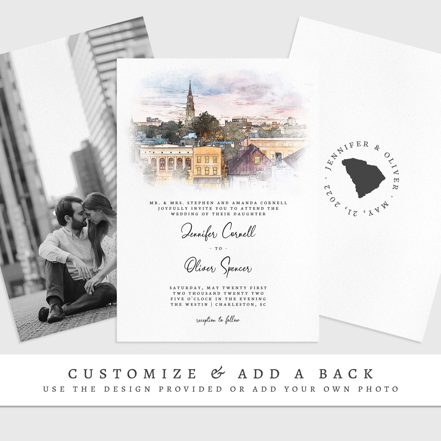 Loblolly Creative 825 - Arts & Entertainment > Party & Celebration > Party Supplies > Invitations Charleston Skyline Watercolor Wedding Invitation