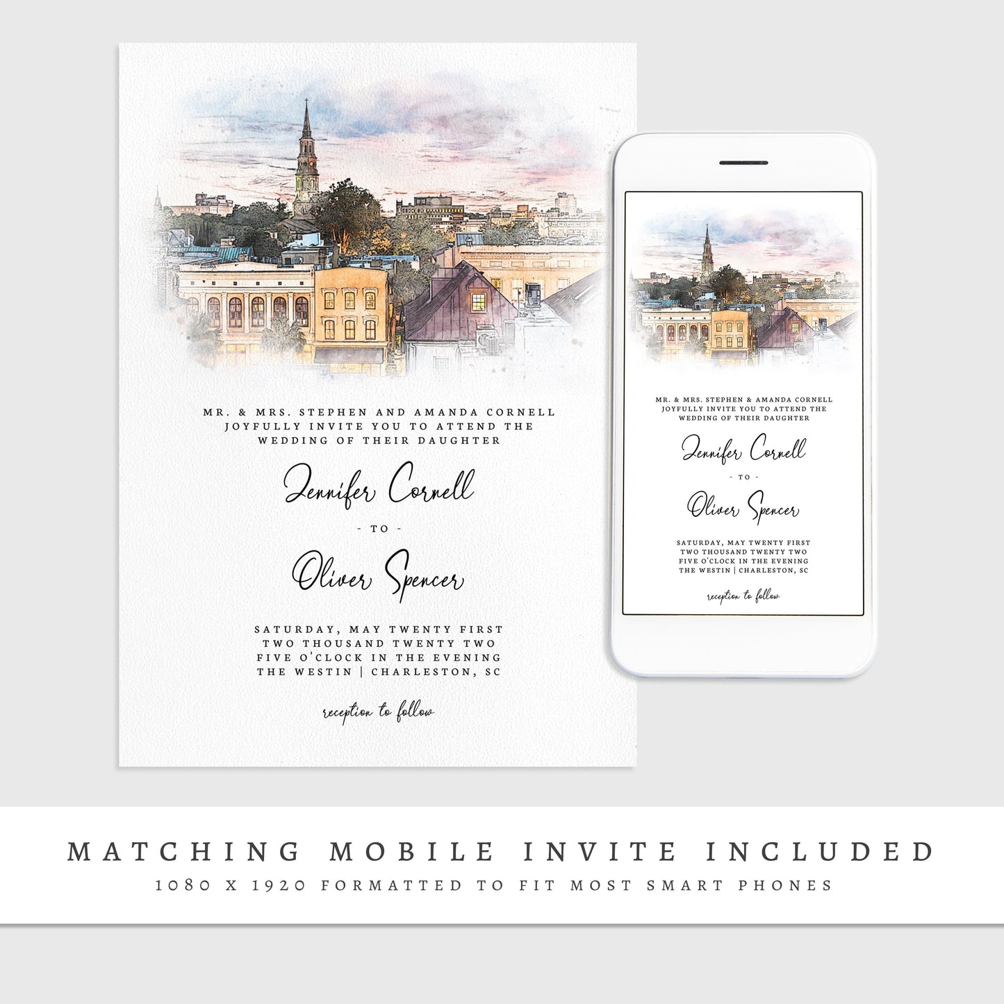 Loblolly Creative 825 - Arts & Entertainment > Party & Celebration > Party Supplies > Invitations Charleston Skyline Watercolor Wedding Invitation