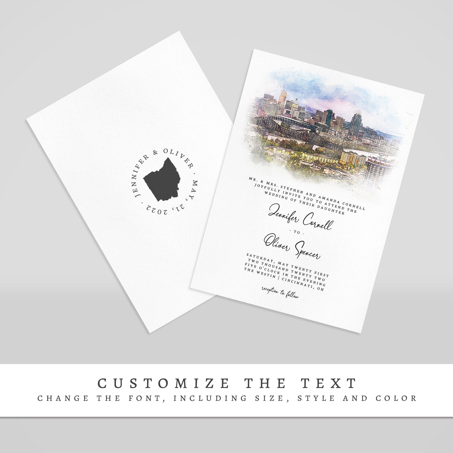Loblolly Creative 825 - Arts & Entertainment > Party & Celebration > Party Supplies > Invitations Cincinnati Skyline Watercolor Wedding Invitation