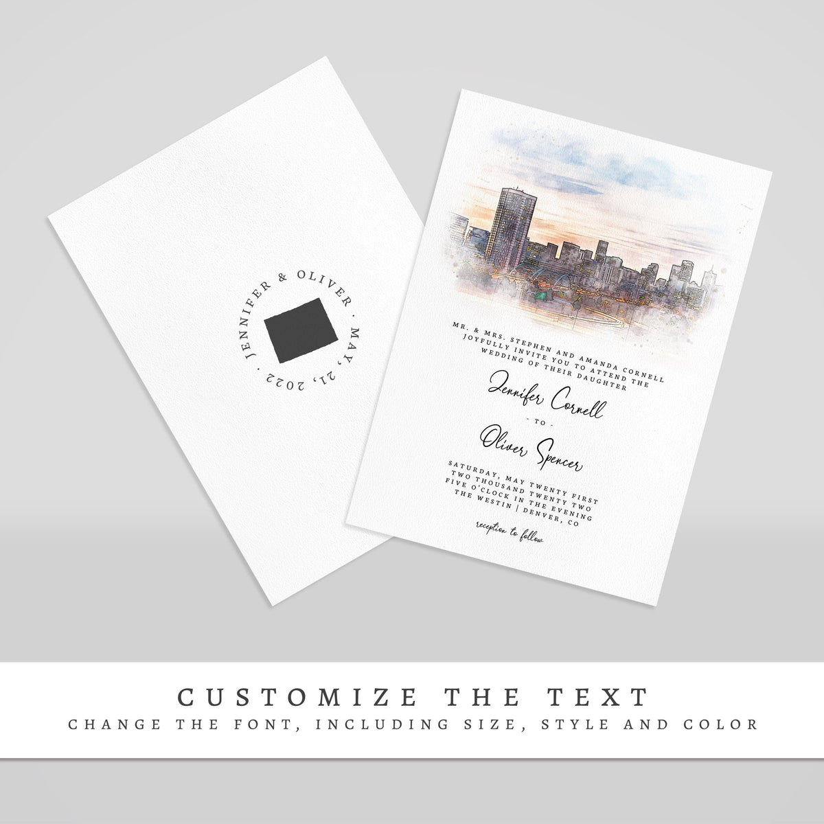 Editable Denver Skyline Watercolor Printable Wedding Invitation