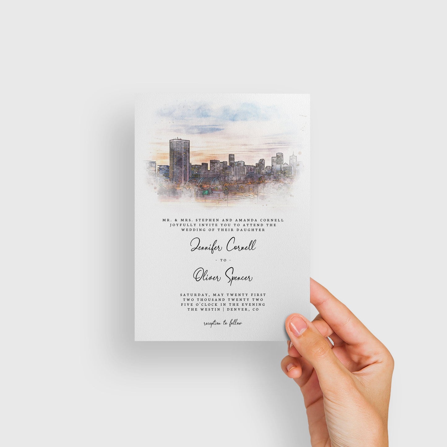 Loblolly Creative 825 - Arts & Entertainment > Party & Celebration > Party Supplies > Invitations Denver Skyline Watercolor Wedding Invitation