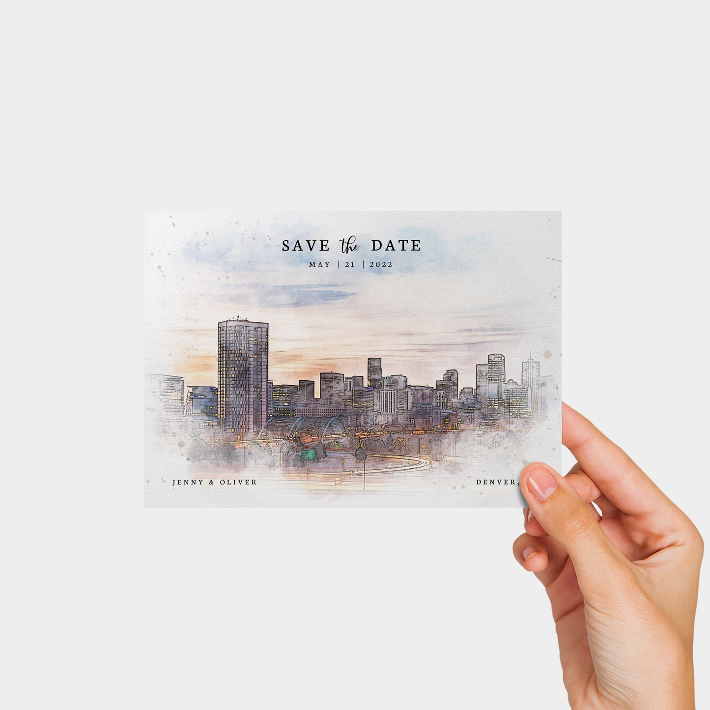 Loblolly Creative 825 - Arts & Entertainment > Party & Celebration > Party Supplies > Invitations Denver Skyline Watercolor Wedding Save the Date