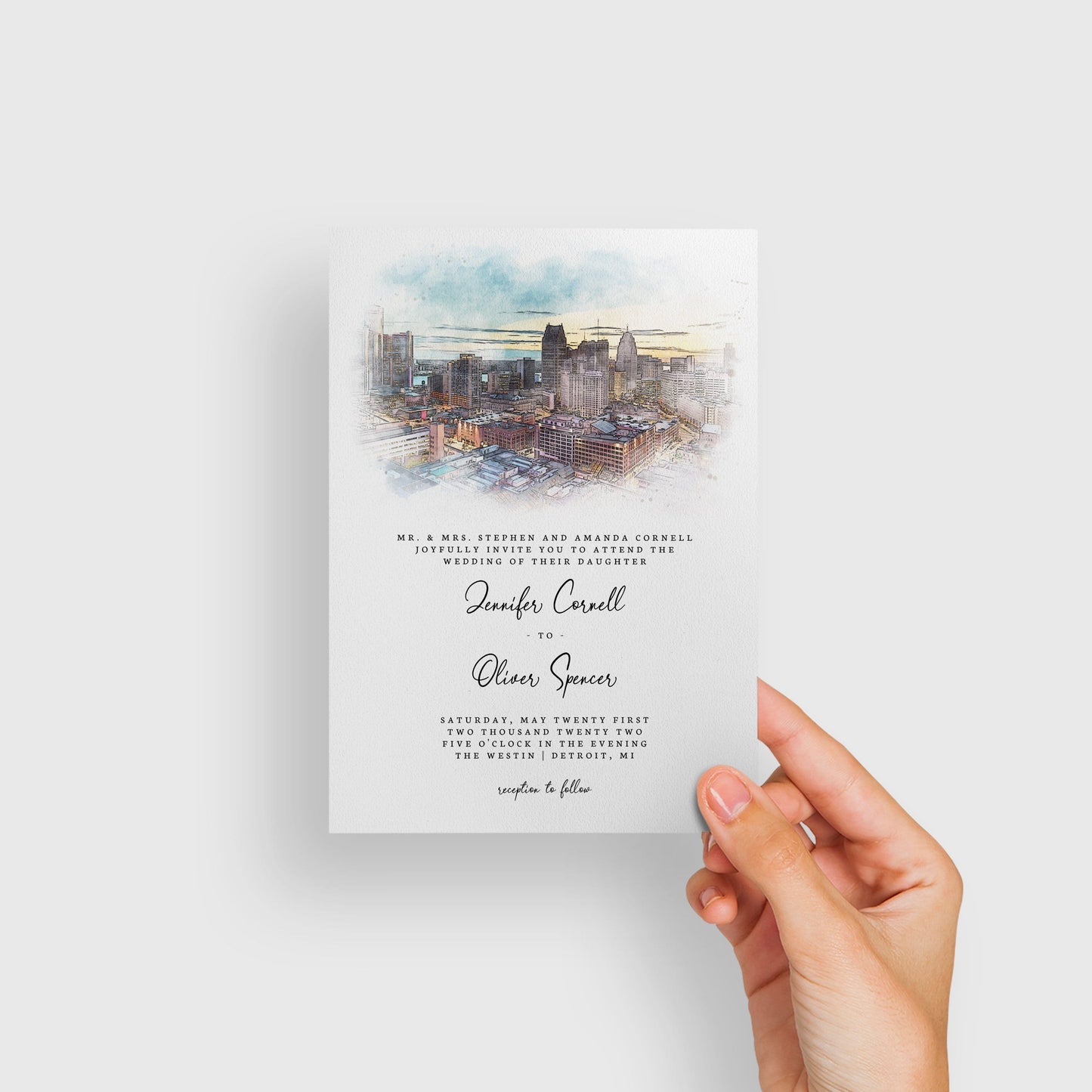 Loblolly Creative 825 - Arts & Entertainment > Party & Celebration > Party Supplies > Invitations Detroit Skyline Watercolor Wedding Invitation