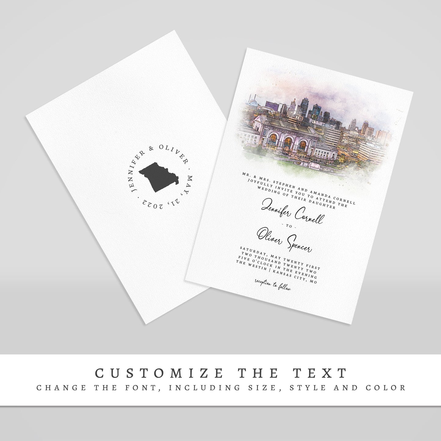 Loblolly Creative 825 - Arts & Entertainment > Party & Celebration > Party Supplies > Invitations Kansas City Skyline Watercolor Wedding Invitation