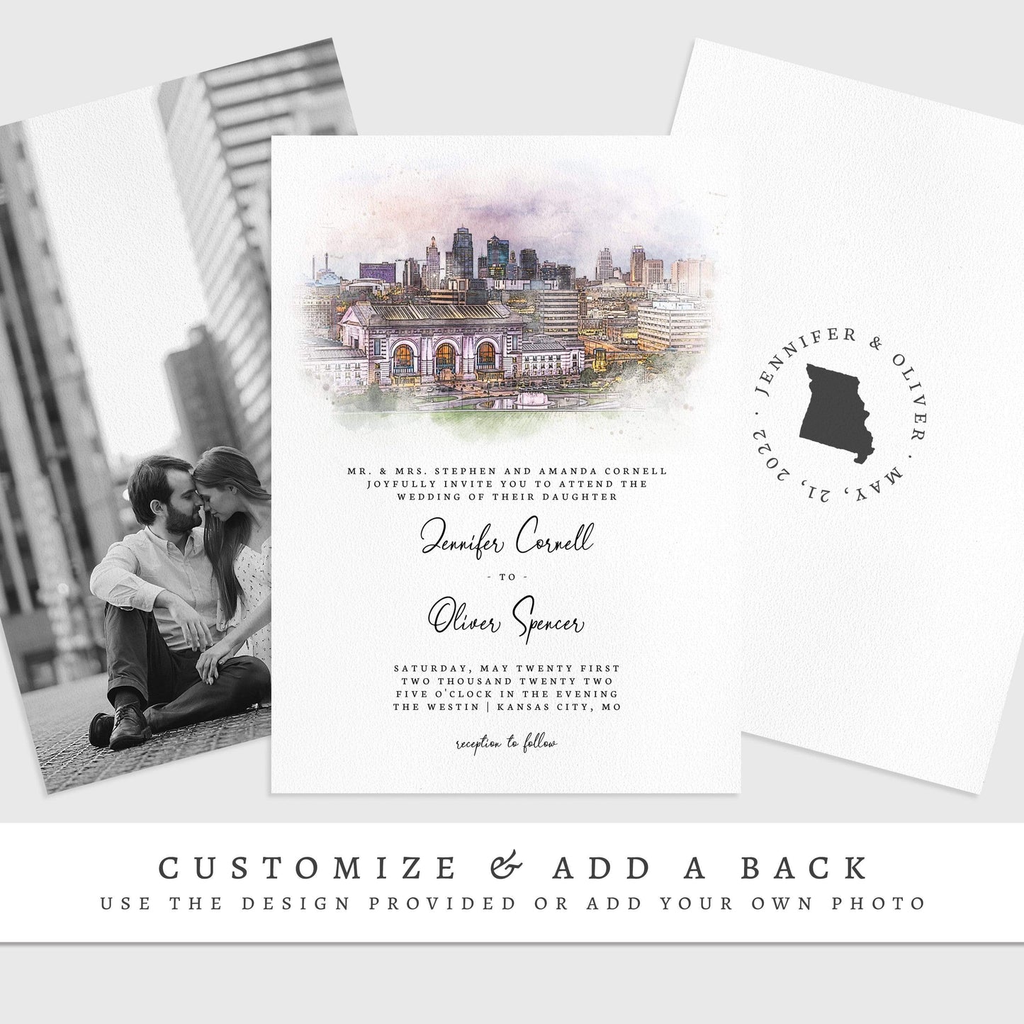 Loblolly Creative 825 - Arts & Entertainment > Party & Celebration > Party Supplies > Invitations Kansas City Skyline Watercolor Wedding Invitation