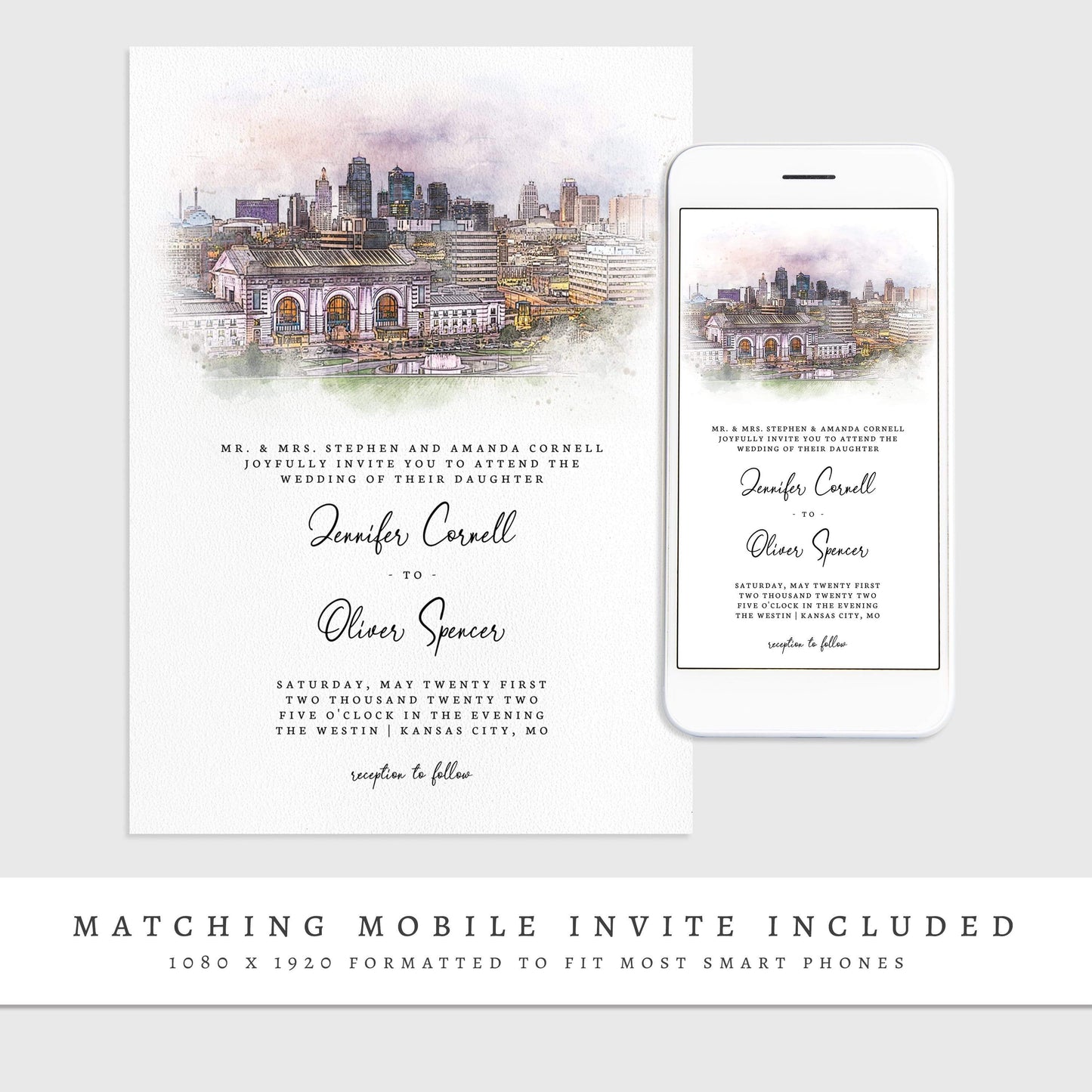 Loblolly Creative 825 - Arts & Entertainment > Party & Celebration > Party Supplies > Invitations Kansas City Skyline Watercolor Wedding Invitation
