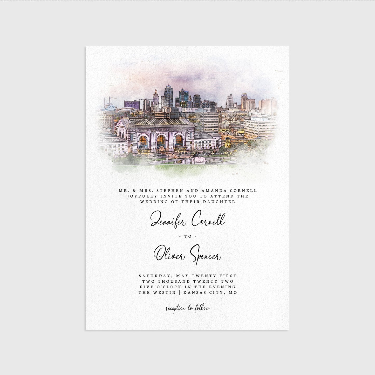 Loblolly Creative 825 - Arts & Entertainment > Party & Celebration > Party Supplies > Invitations Kansas City Skyline Watercolor Wedding Invitation