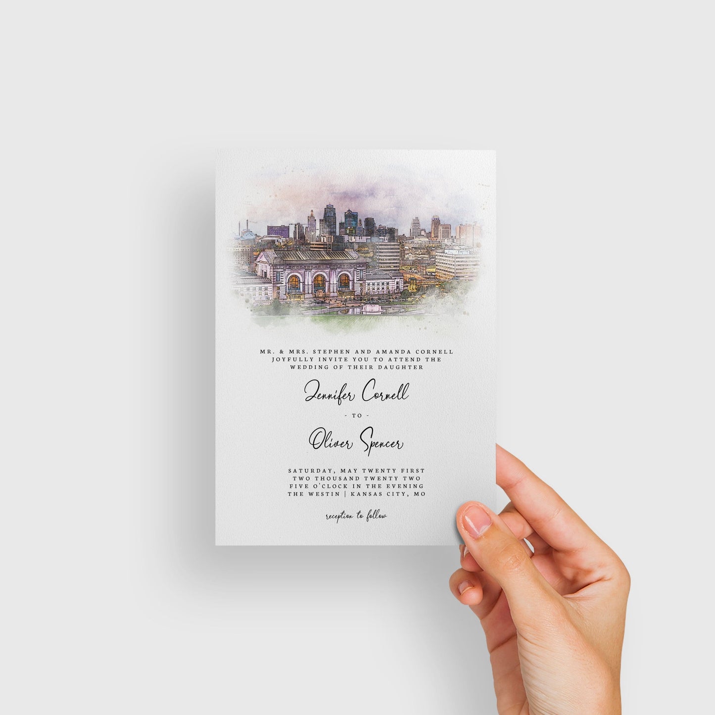 Loblolly Creative 825 - Arts & Entertainment > Party & Celebration > Party Supplies > Invitations Kansas City Skyline Watercolor Wedding Invitation