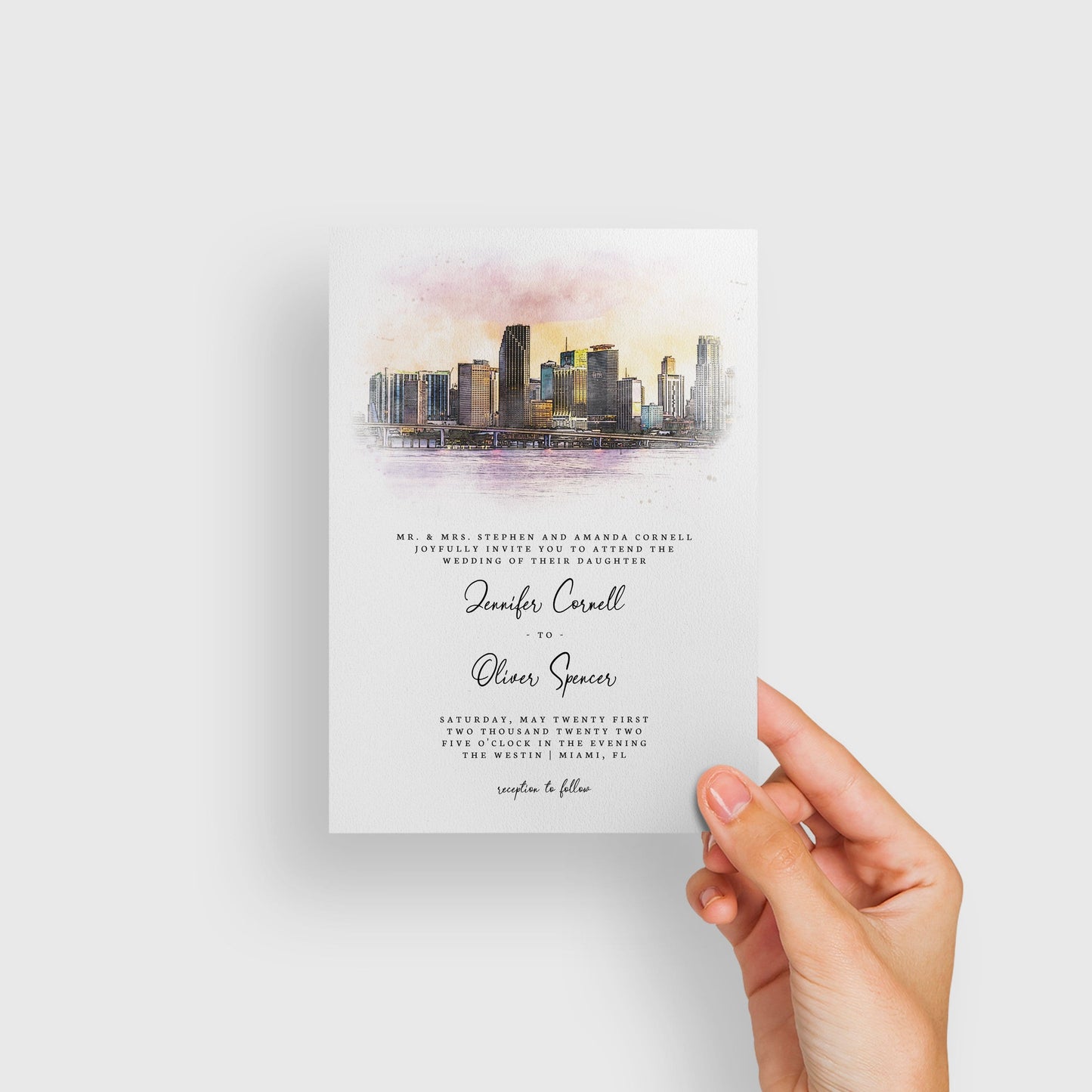 Loblolly Creative 825 - Arts & Entertainment > Party & Celebration > Party Supplies > Invitations Miami Skyline Watercolor Wedding Invitation