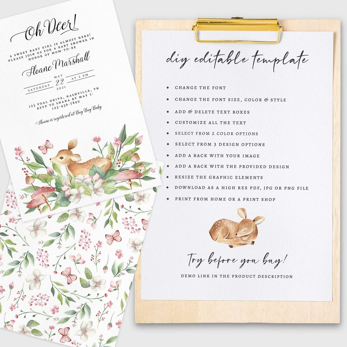Loblolly Creative 825 - Arts & Entertainment > Party & Celebration > Party Supplies > Invitations Oh Deer Baby Shower Invitation