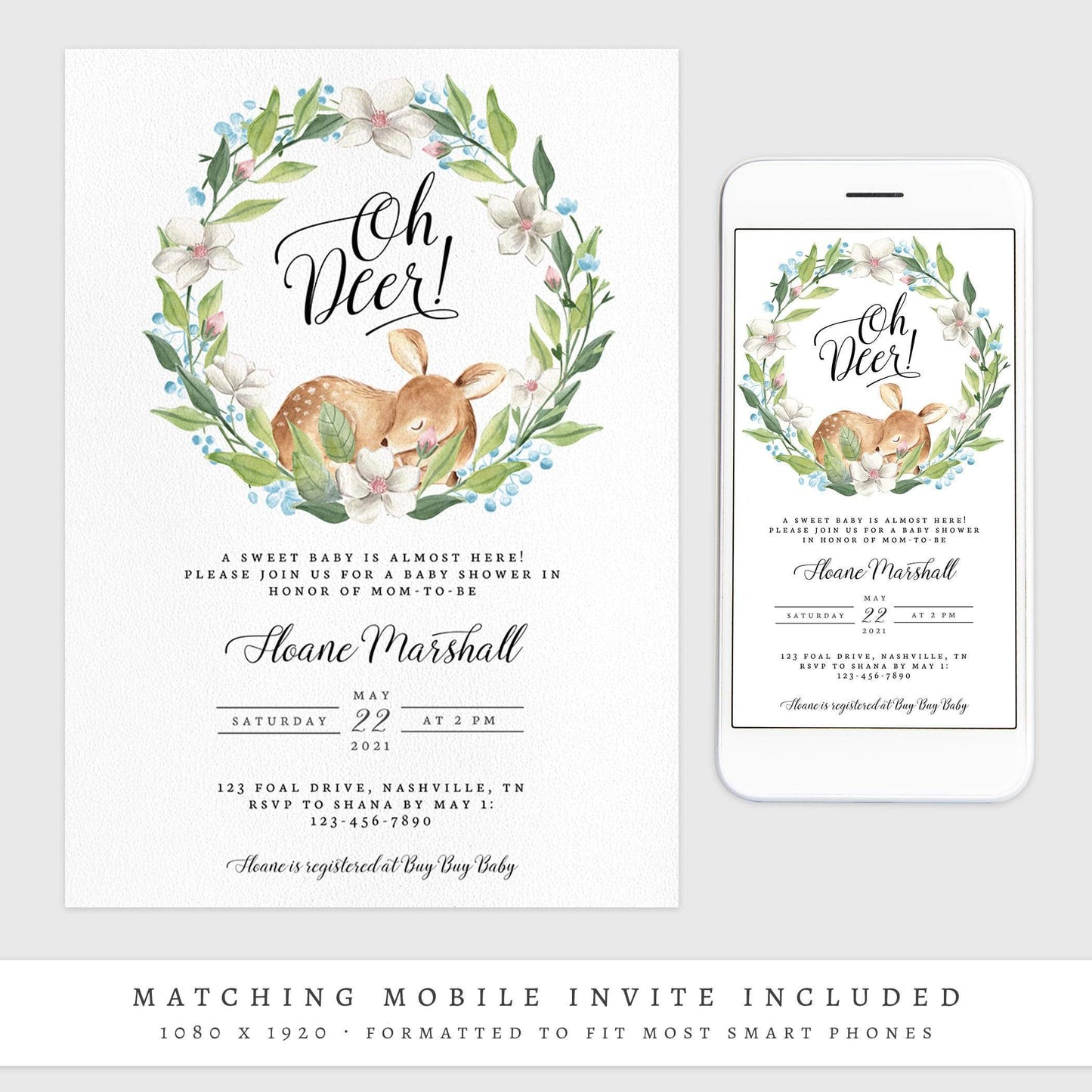 Loblolly Creative 825 - Arts & Entertainment > Party & Celebration > Party Supplies > Invitations Oh Deer Baby Shower Invitation
