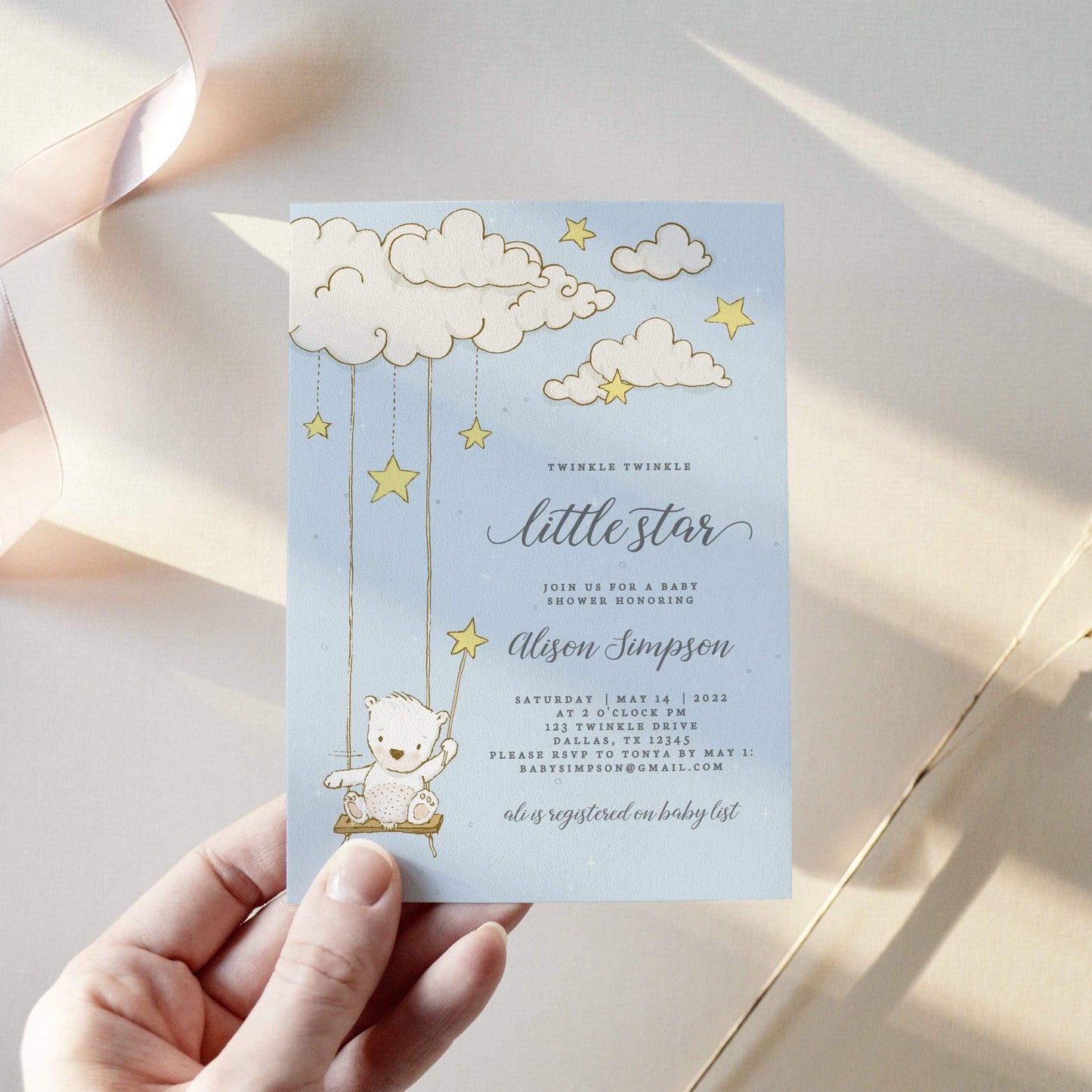 Loblolly Creative 825 - Arts & Entertainment > Party & Celebration > Party Supplies > Invitations Twinkle Twinkle Little Star Baby Shower Invitation
