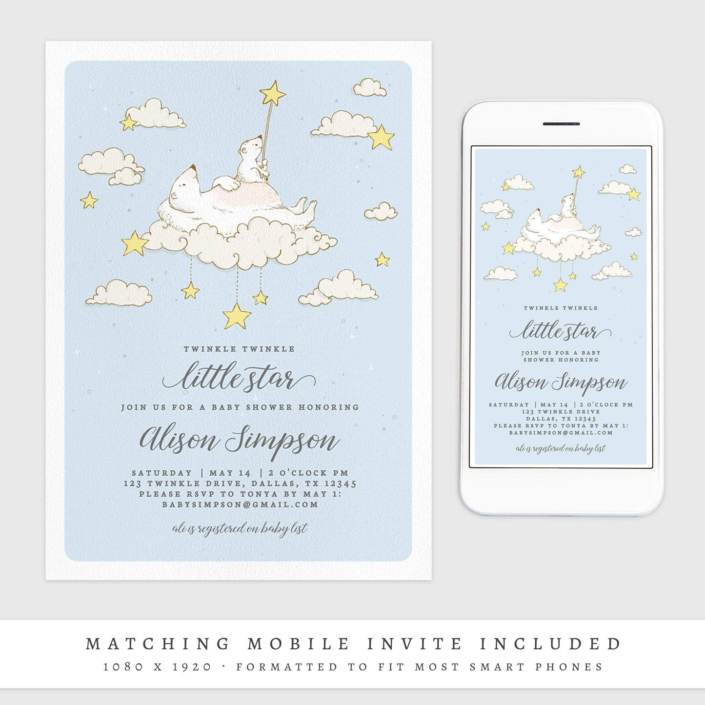 Loblolly Creative 825 - Arts & Entertainment > Party & Celebration > Party Supplies > Invitations Twinkle Twinkle Little Star Baby Shower Invitation