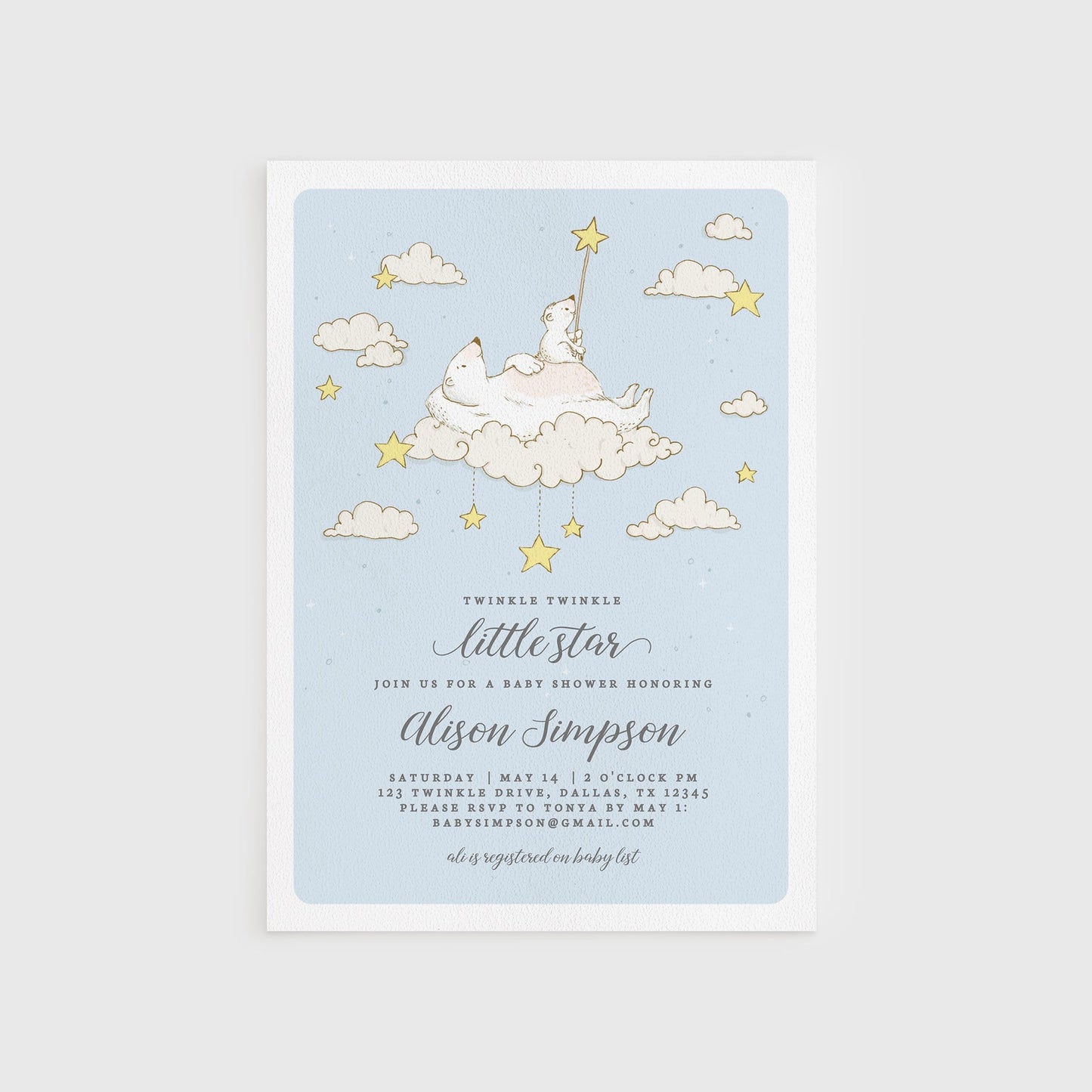 Loblolly Creative 825 - Arts & Entertainment > Party & Celebration > Party Supplies > Invitations Twinkle Twinkle Little Star Baby Shower Invitation