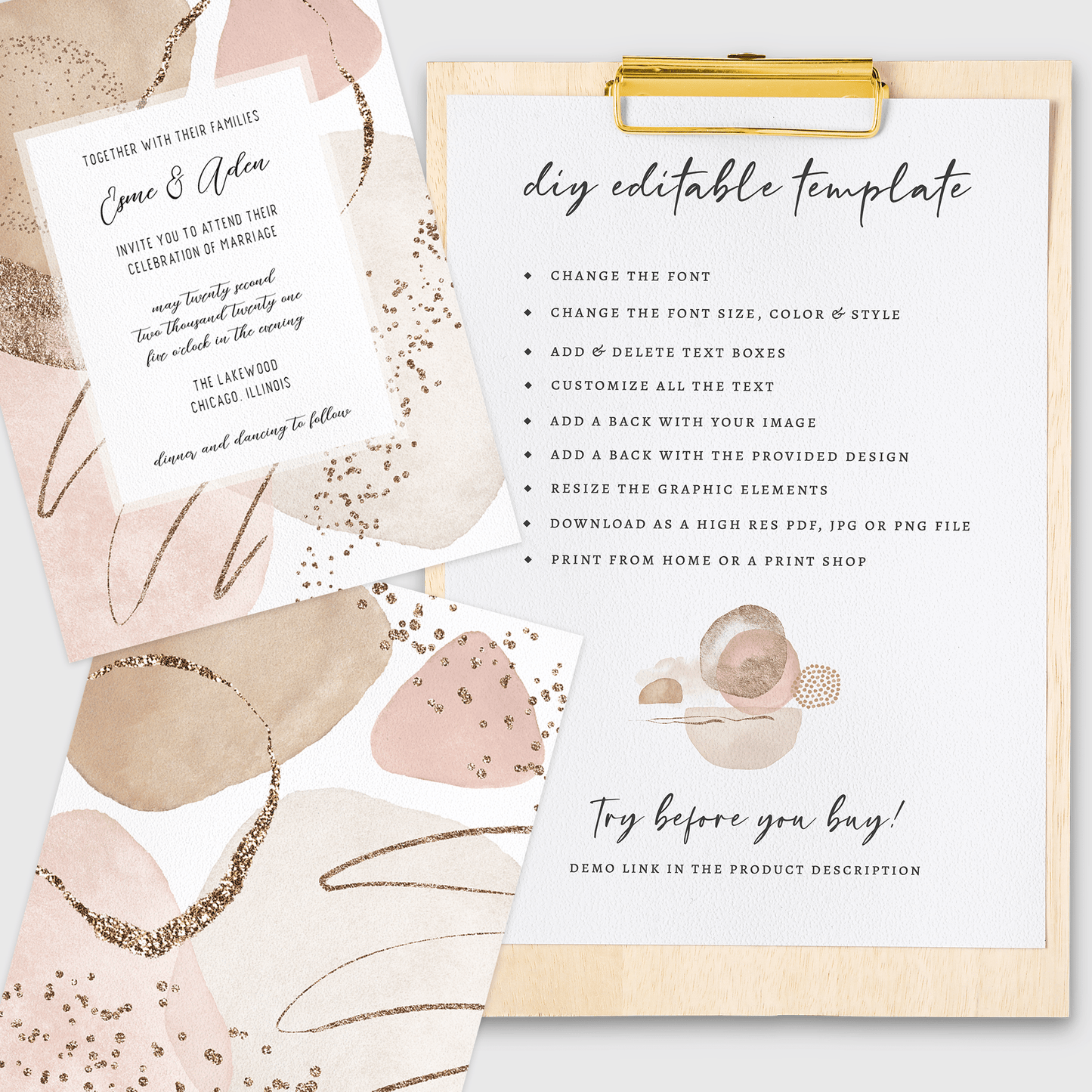 Loblolly Creative Digital Template Abstract Blush Wedding Invitation