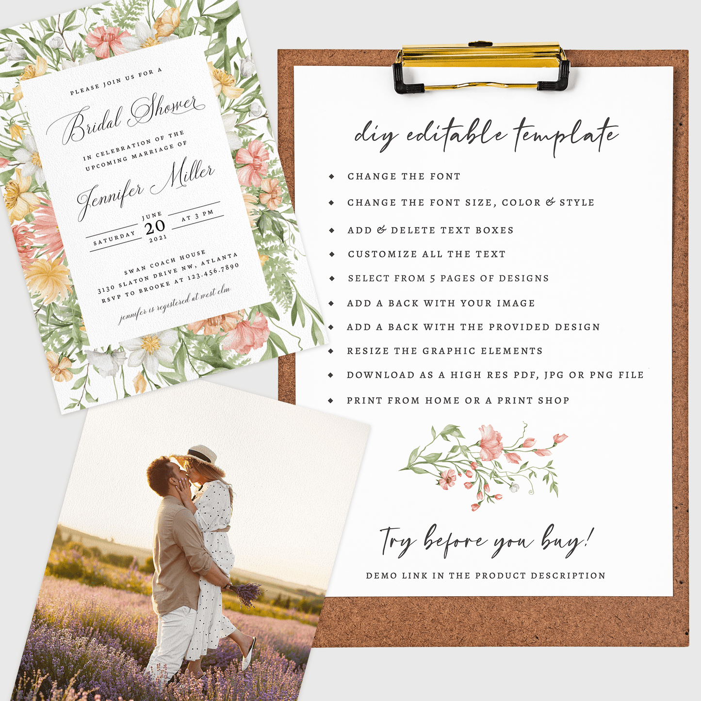 Loblolly Creative Digital Template Antique Floral Bridal Shower Invitation