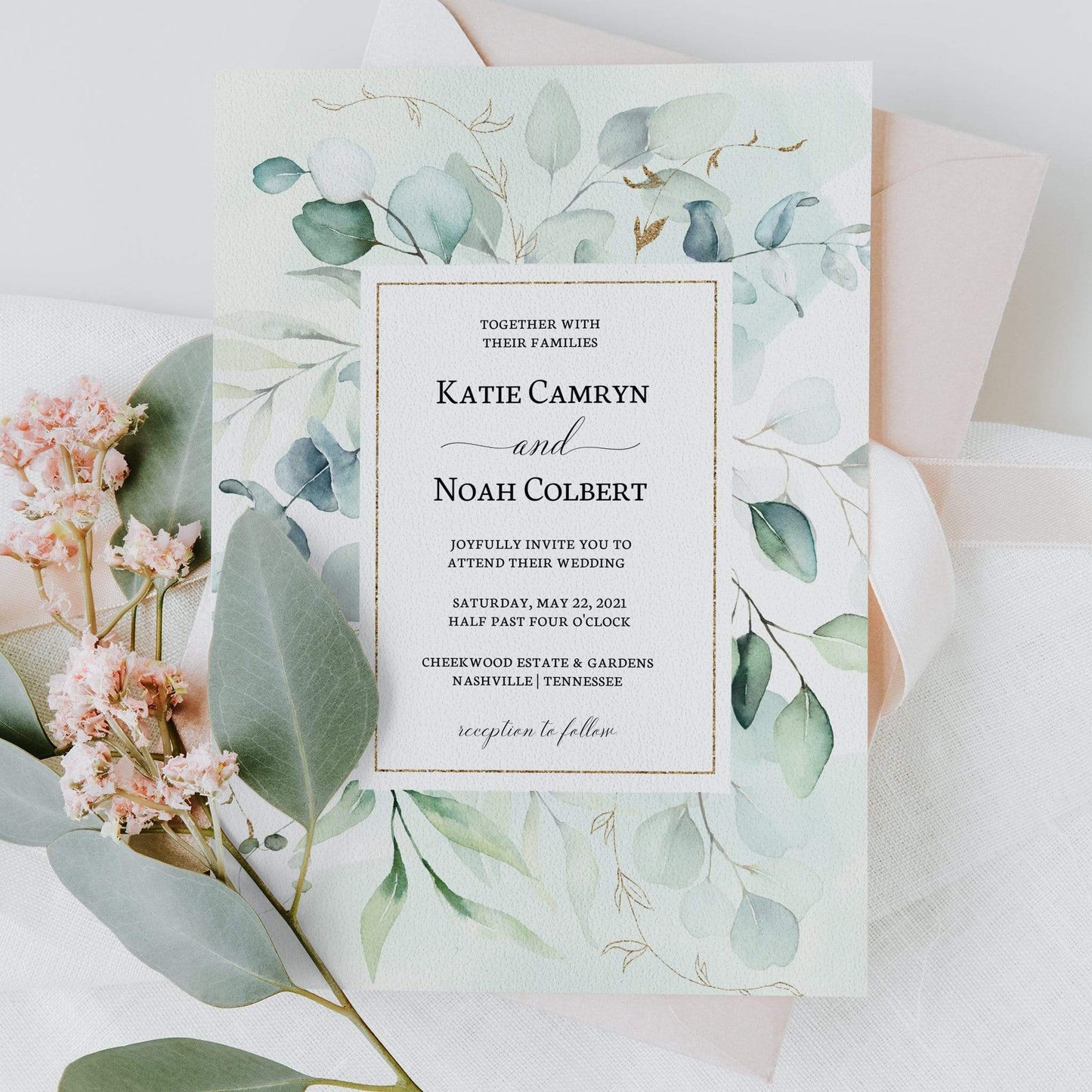 Loblolly Creative Digital Template Eucalyptus Greenery Wedding Invitation
