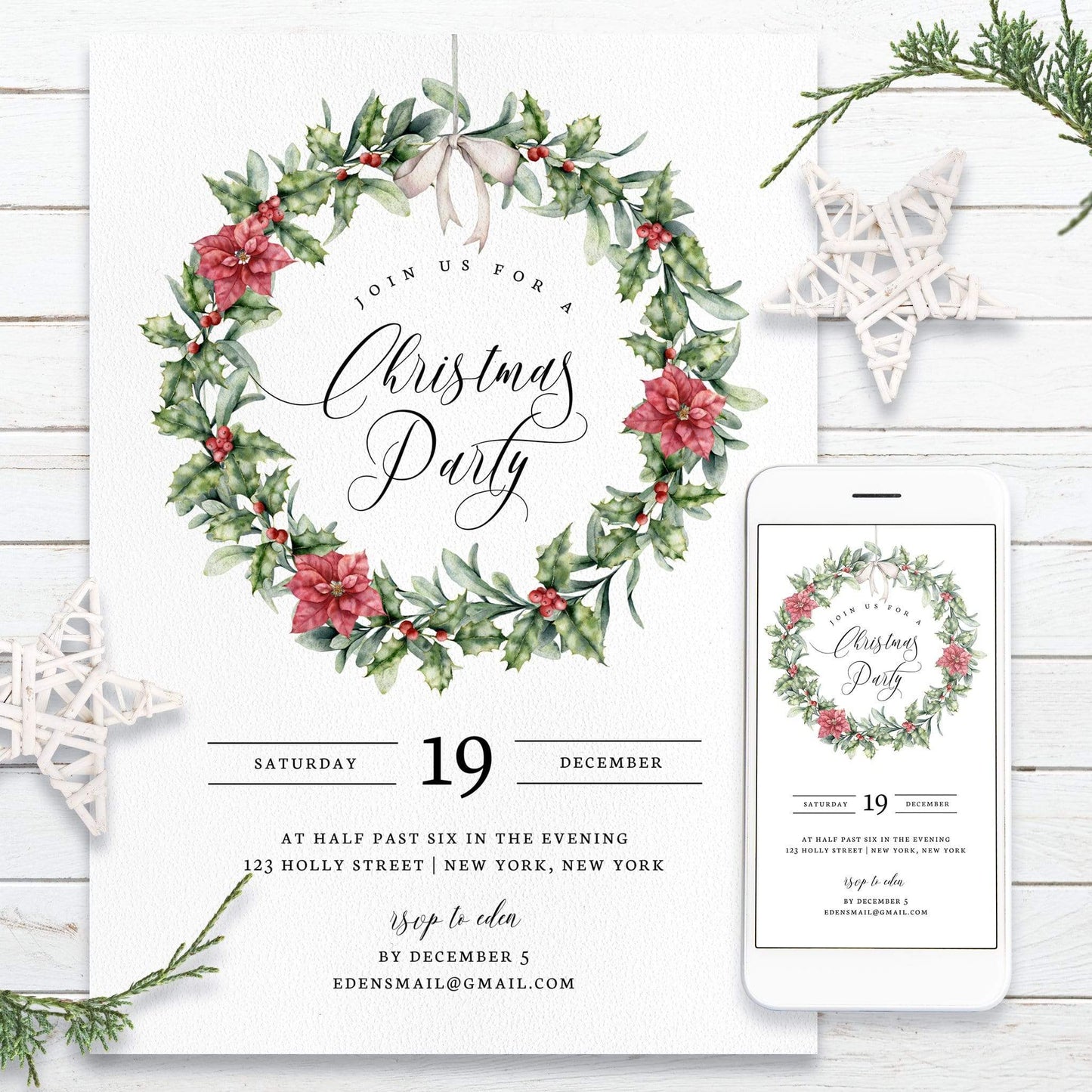 Loblolly Creative Digital Template Holiday Wreath Christmas Party Invitation