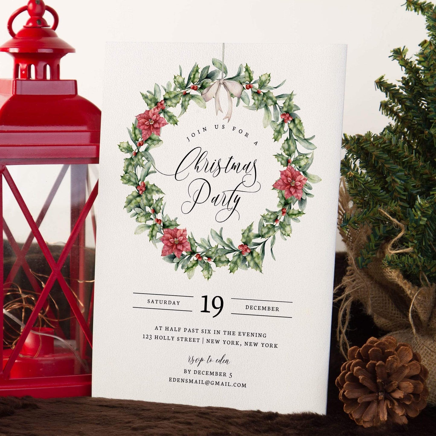 Loblolly Creative Digital Template Holiday Wreath Christmas Party Invitation