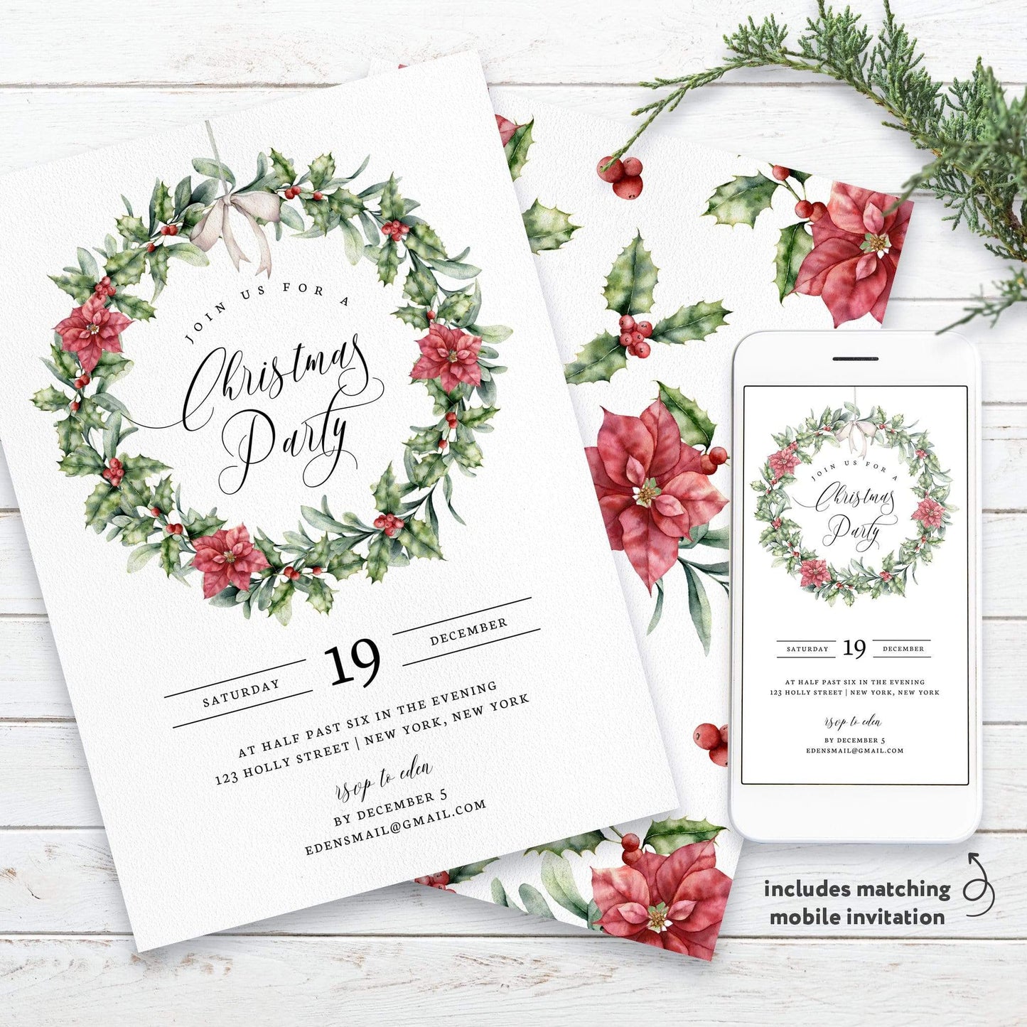 Loblolly Creative Digital Template Holiday Wreath Christmas Party Invitation