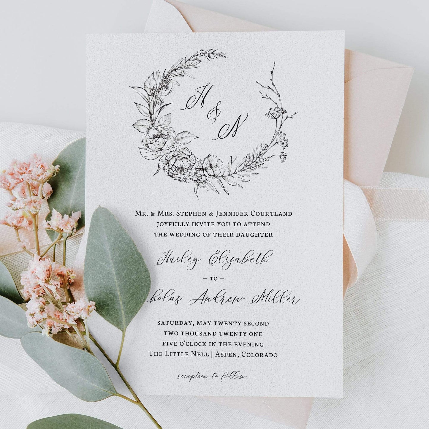 Loblolly Creative Digital Template Minimalist Floral Wedding Invitation