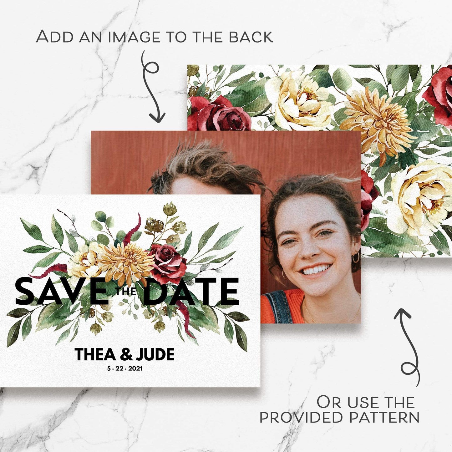 Loblolly Creative Digital Template Modern Large Text Floral Save the Date Card