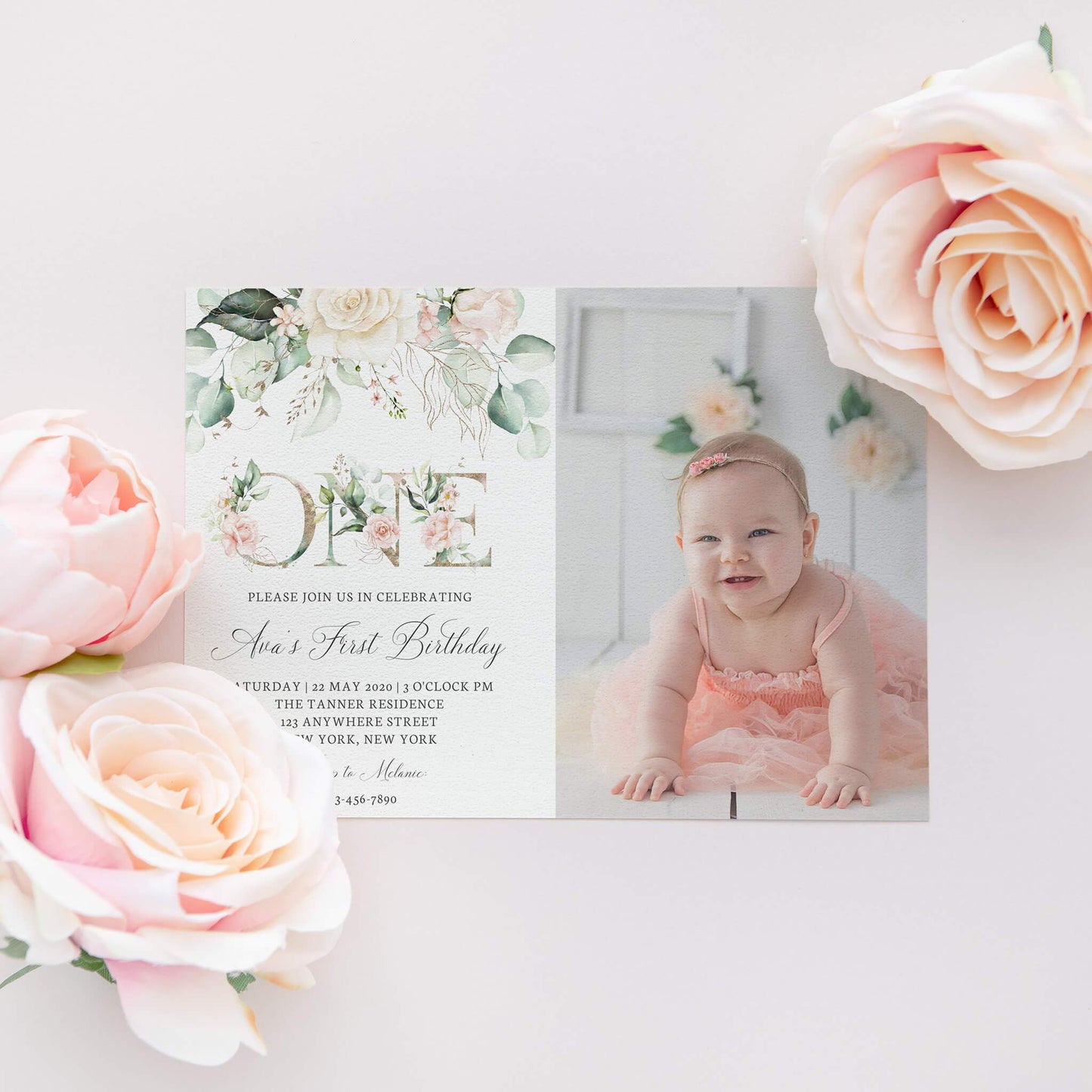 Loblolly Creative Digital Template Pink Floral Girls First Birthday Photo Invitation