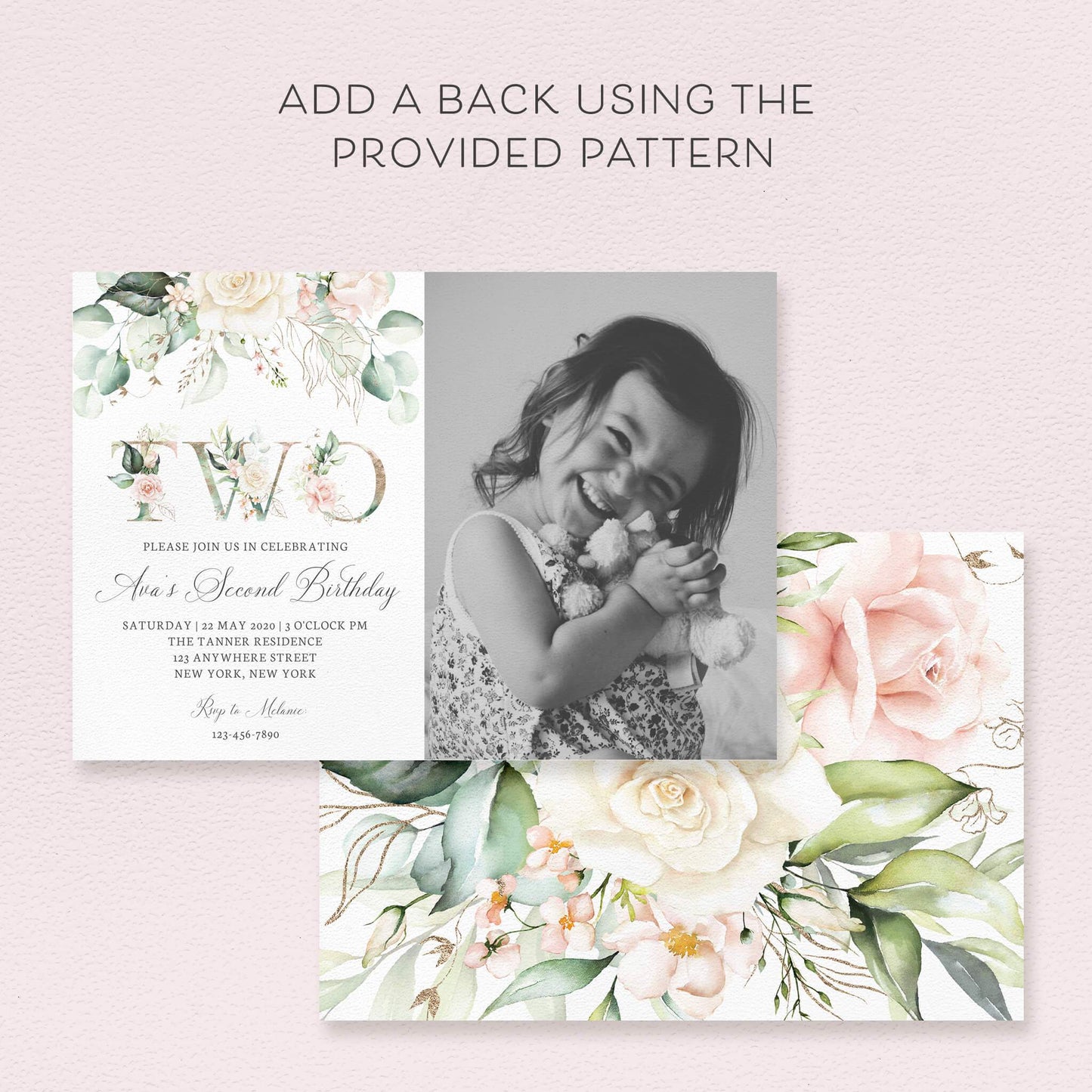 Loblolly Creative Digital Template Pink Floral Girls Second Birthday Photo Invitation