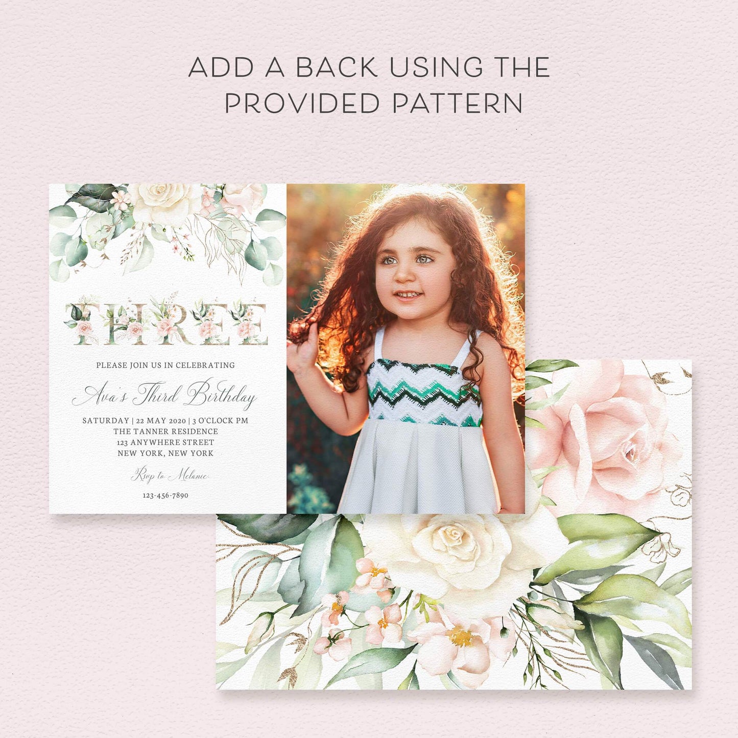 Loblolly Creative Digital Template Pink Floral Girls Third Birthday Photo Invitation