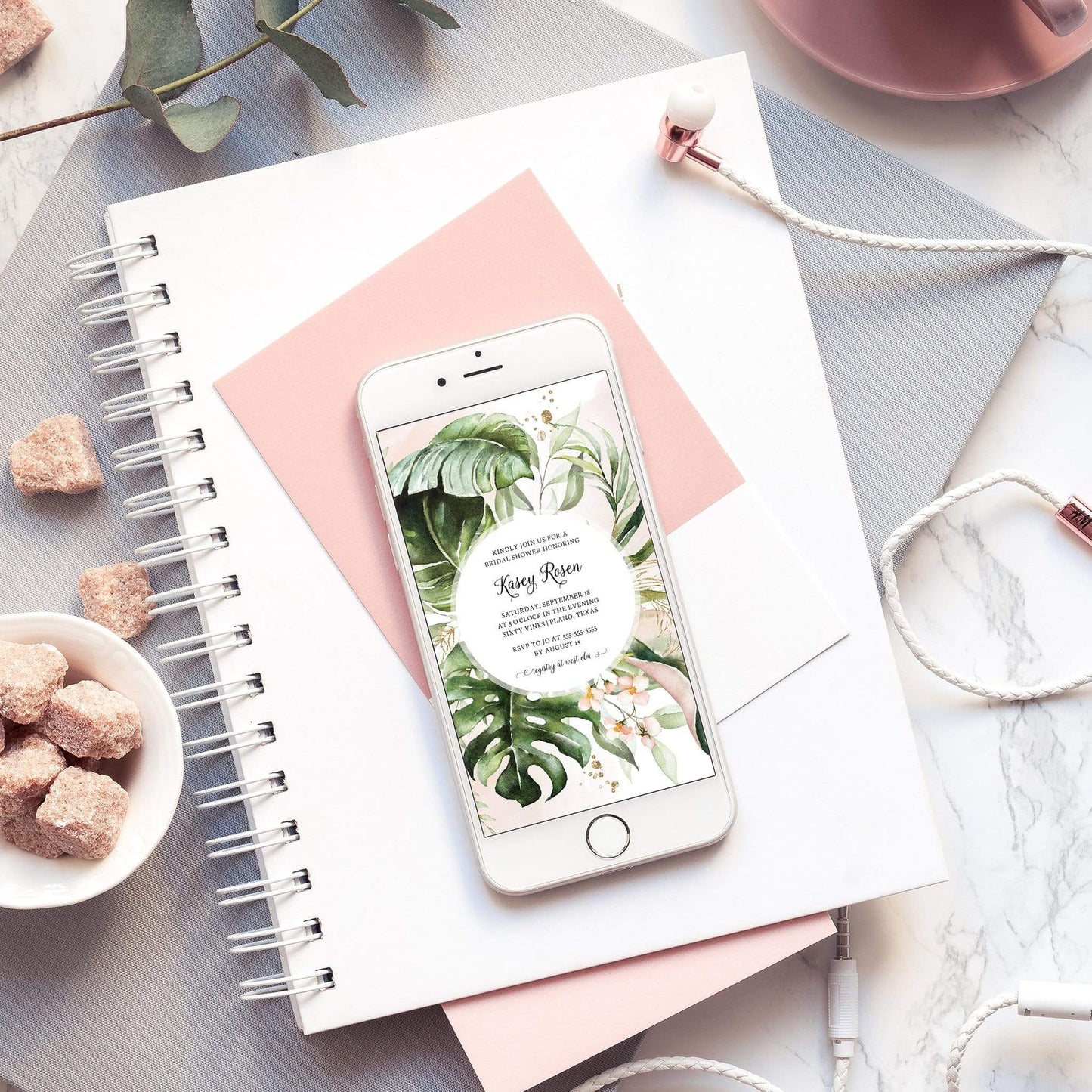 Loblolly Creative Digital Template Tropical Greenery Bridal Shower Invitation