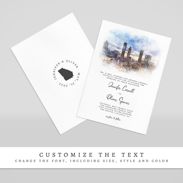 Loblolly Creative 825 - Arts & Entertainment > Party & Celebration > Party Supplies > Invitations Atlanta Skyline Watercolor Wedding Invitation