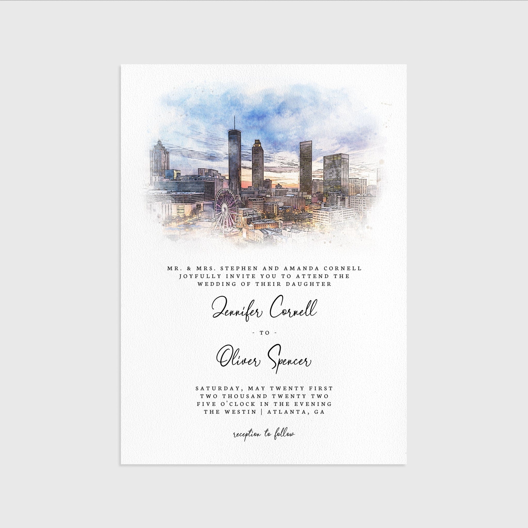 Loblolly Creative 825 - Arts & Entertainment > Party & Celebration > Party Supplies > Invitations Atlanta Skyline Watercolor Wedding Invitation
