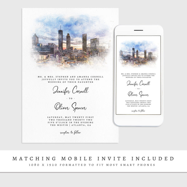 Loblolly Creative 825 - Arts & Entertainment > Party & Celebration > Party Supplies > Invitations Atlanta Skyline Watercolor Wedding Invitation