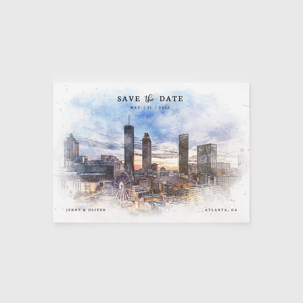 Loblolly Creative 825 - Arts & Entertainment > Party & Celebration > Party Supplies > Invitations Atlanta Skyline Watercolor Wedding Save the Date