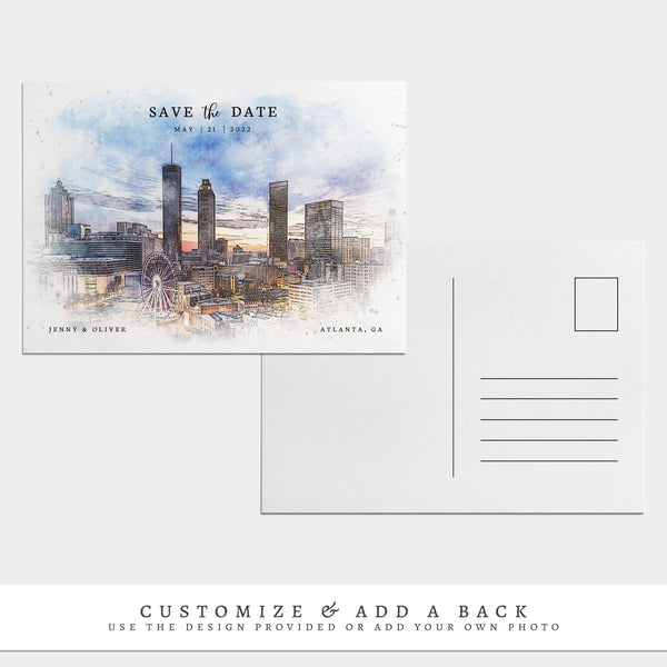 Loblolly Creative 825 - Arts & Entertainment > Party & Celebration > Party Supplies > Invitations Atlanta Skyline Watercolor Wedding Save the Date