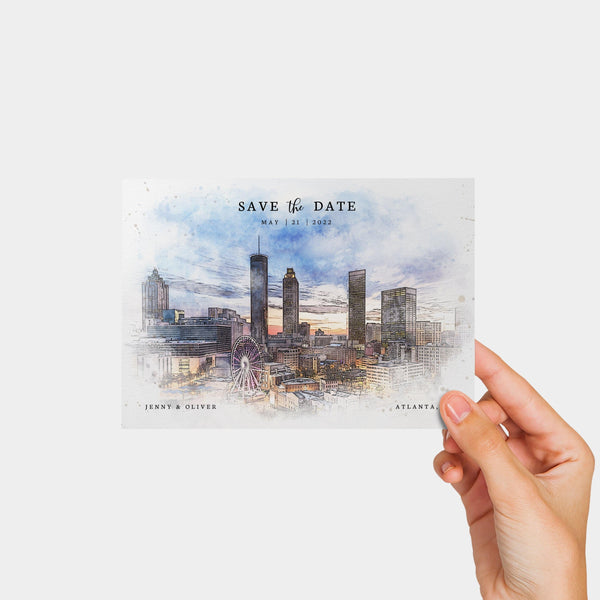 Loblolly Creative 825 - Arts & Entertainment > Party & Celebration > Party Supplies > Invitations Atlanta Skyline Watercolor Wedding Save the Date