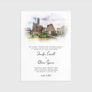 Loblolly Creative 825 - Arts & Entertainment > Party & Celebration > Party Supplies > Invitations Austin Skyline Watercolor Wedding Invitation