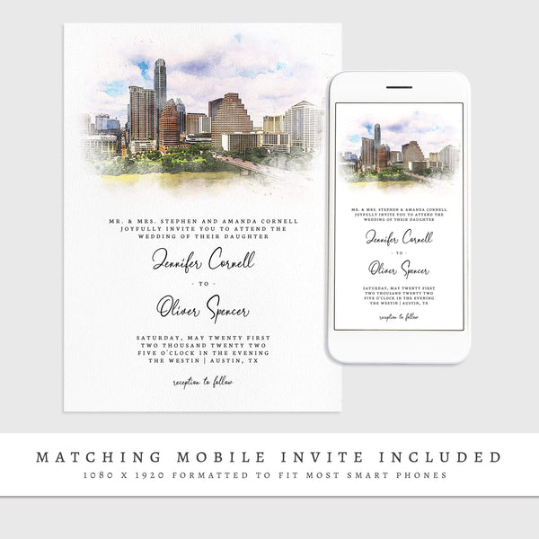 Loblolly Creative 825 - Arts & Entertainment > Party & Celebration > Party Supplies > Invitations Austin Skyline Watercolor Wedding Invitation